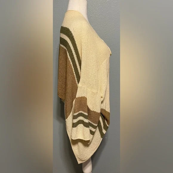 Pol Beige Cardigan Sweater Knit Tie Front Boho Neutral Striped Layering Medium - Picture 3 of 8